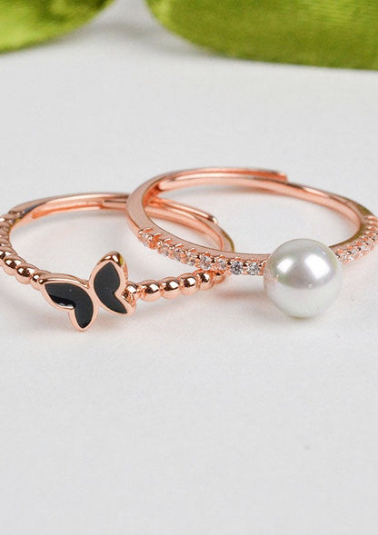 925 Sterling Silver Enchanting Duo Pearl and Black Butterfly Stack Rings