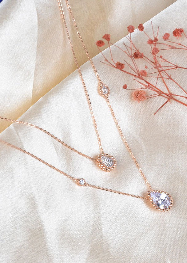 925 Sterling Rose Gold Double Layered Drop Necklace