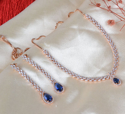 925 Sterling Silver Rose Gold Sapphire Blue Necklace with Danglers