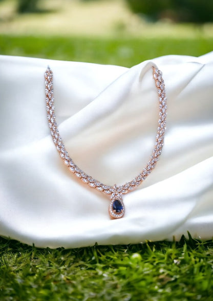 925 Sterling Silver Rose Gold Sapphire Blue Necklace with Danglers