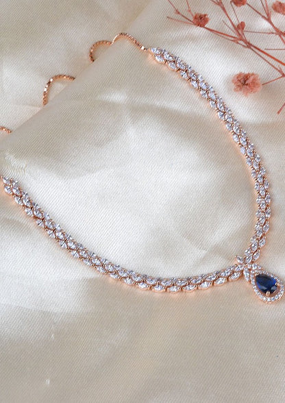 925 Sterling Silver Rose Gold Sapphire Blue Necklace with Danglers