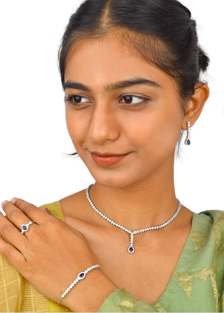 925 Sterling Silver Sapphire Blue Necklace set with Bracelet and Ring