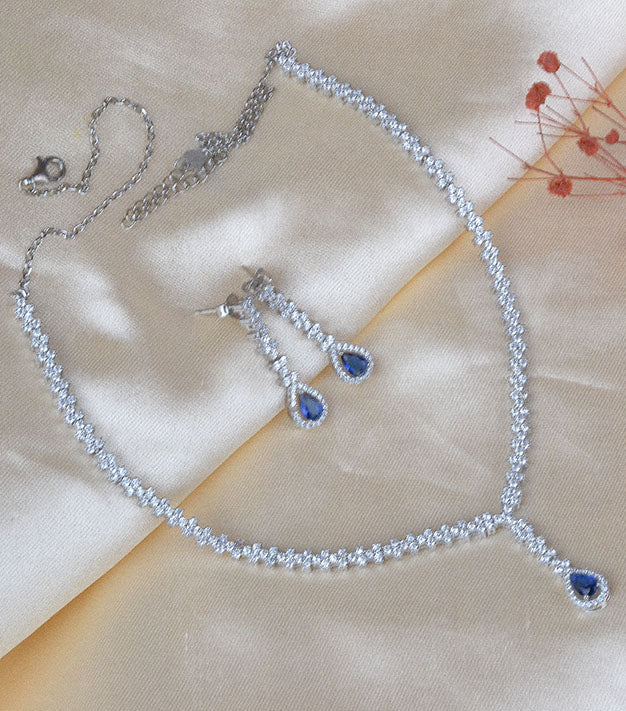 925 Sterling Silver Sapphire Blue Necklace set with Bracelet and Ring