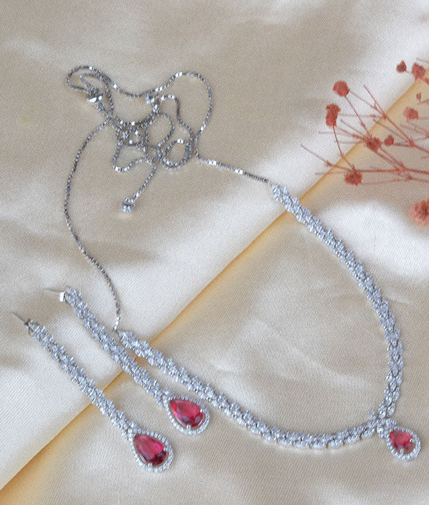 925 Sterling Silver Ruby Red Necklace with Danglers