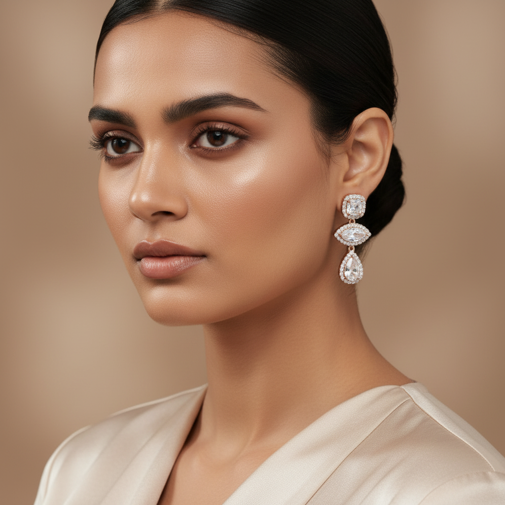 Woman wearing Rosegold Zircon Drop Danglers