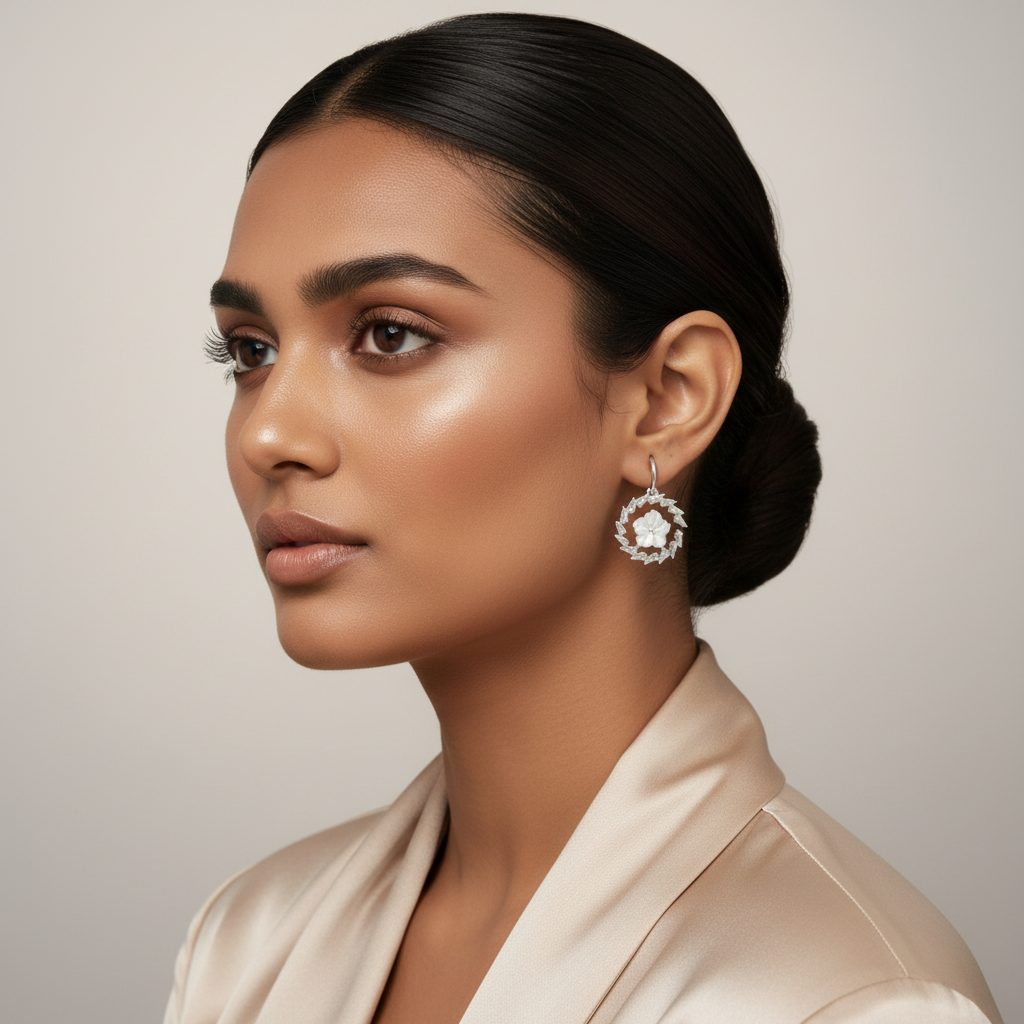 Woman wearing a pair of earrings Silver Floral Fusion Danglers