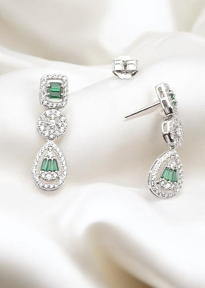 Silver Emerald Green Drop Danglers