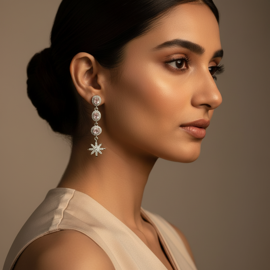 Woman wearing Silver Mauve Star Danglers