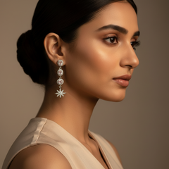 Woman wearing Silver Mauve Star Danglers