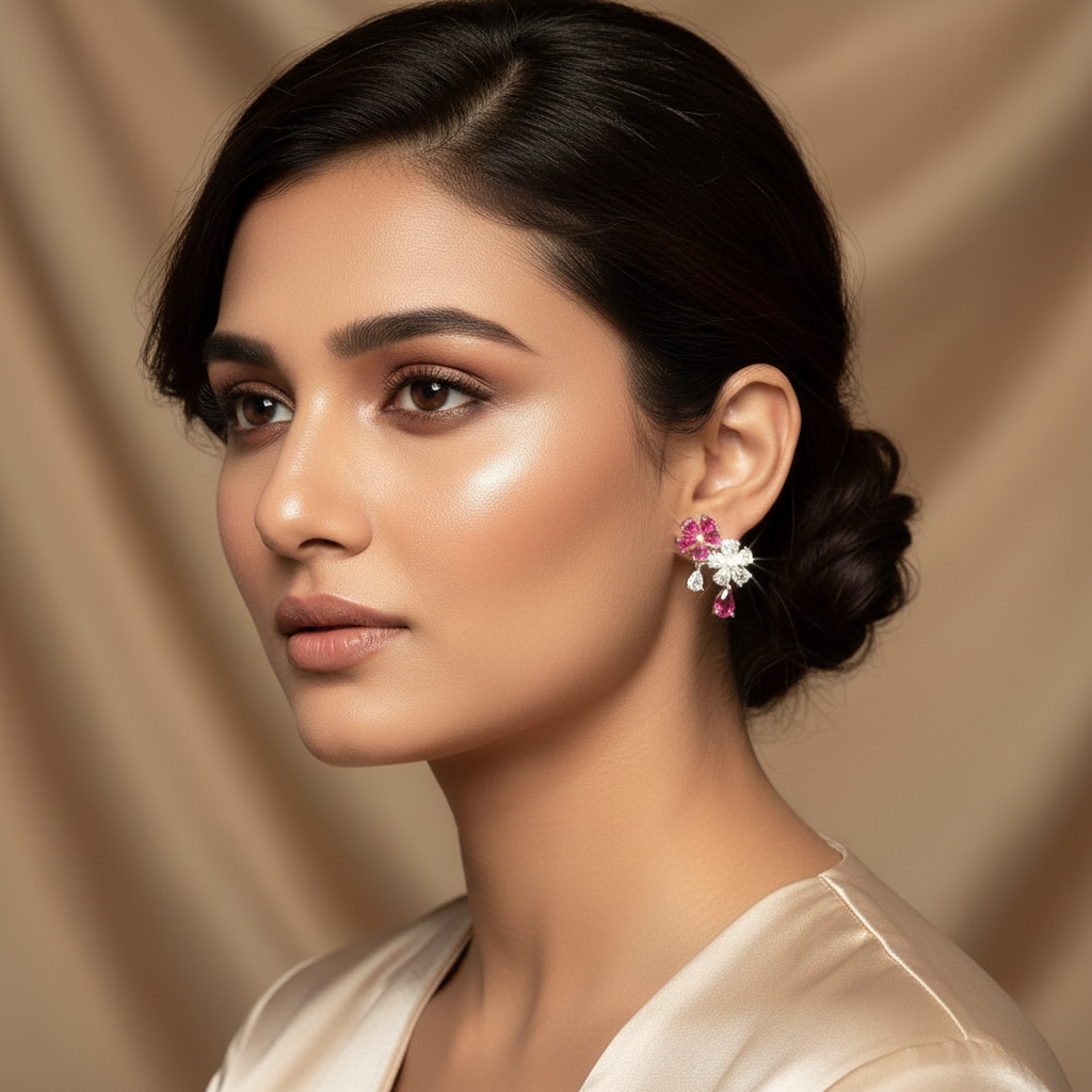 Woman wearing Silver Rani Pink Blossom Earrings
