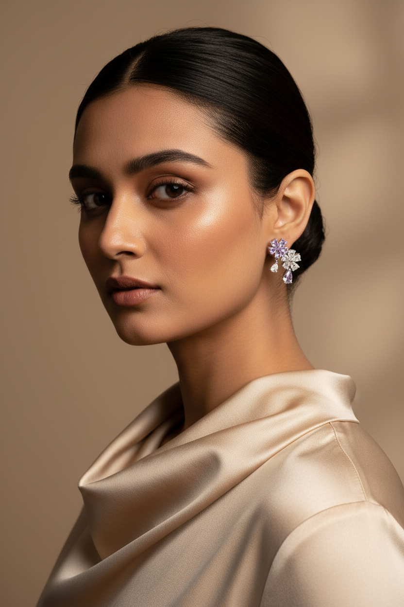 Woman wearing 925 Sterling Silver Purple Blossom Earrings