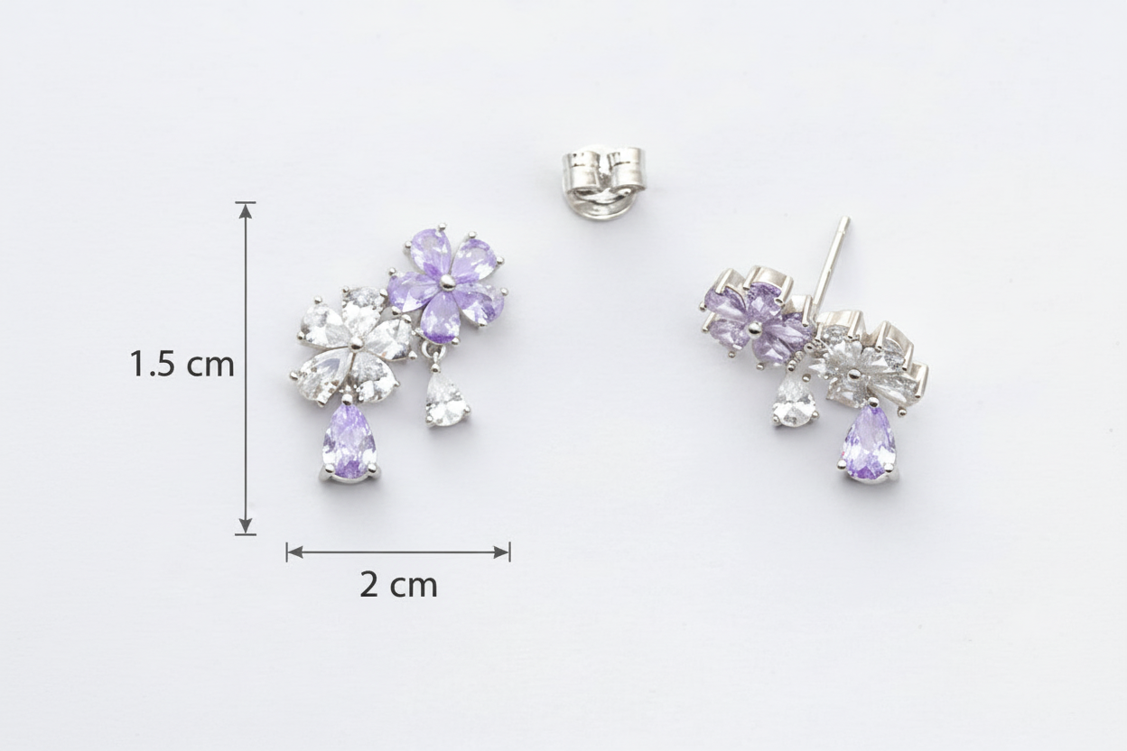 Purple crystal earrings with measurements on a white background
