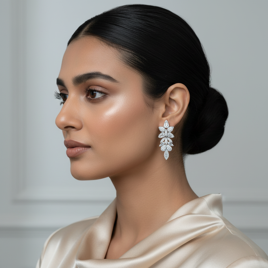 Woman wearing elegant diamond earrings -Silver CZ Zircon Fusion Danglers