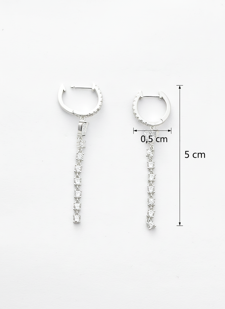 Pair of silver hoop earrings with diamond-like stones, shown with measurements on a white background.