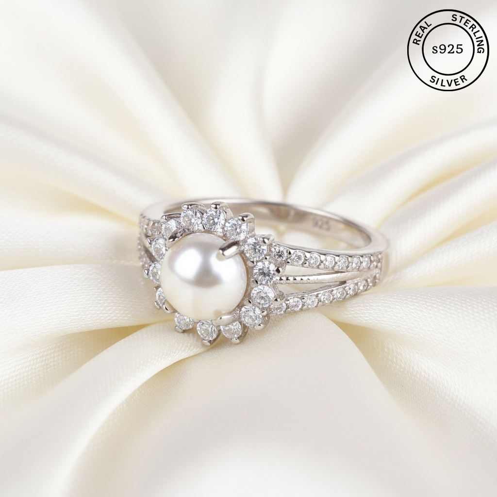 925 Sterling Silver Pearl Zircon Flower Ring