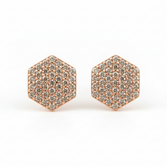 Hexagonal earrings with rose gold frame and AAA+ CZ stones on a white background