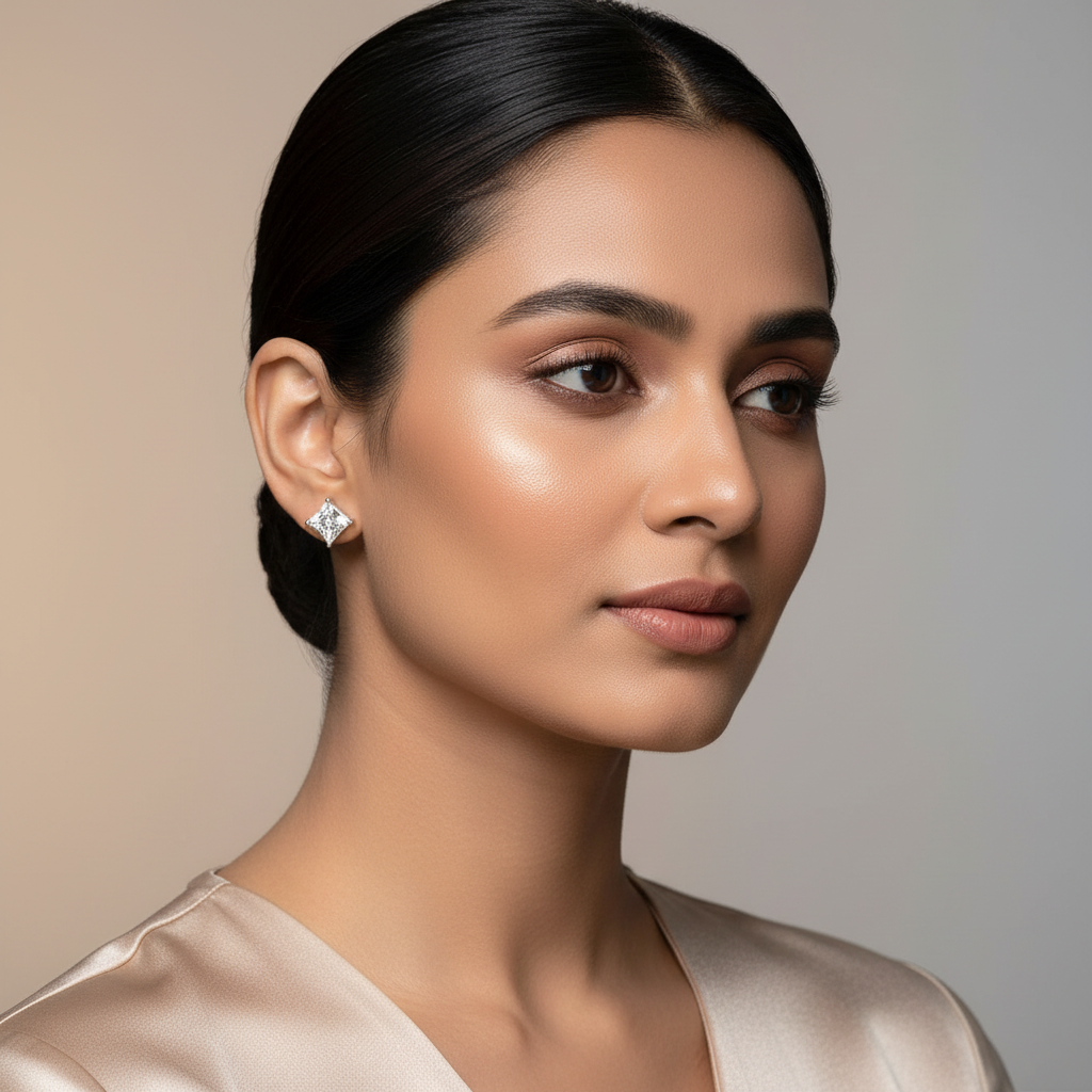 Woman wearing 925 Sterling Silver Square Zircon Studs
earrings against a neutral background