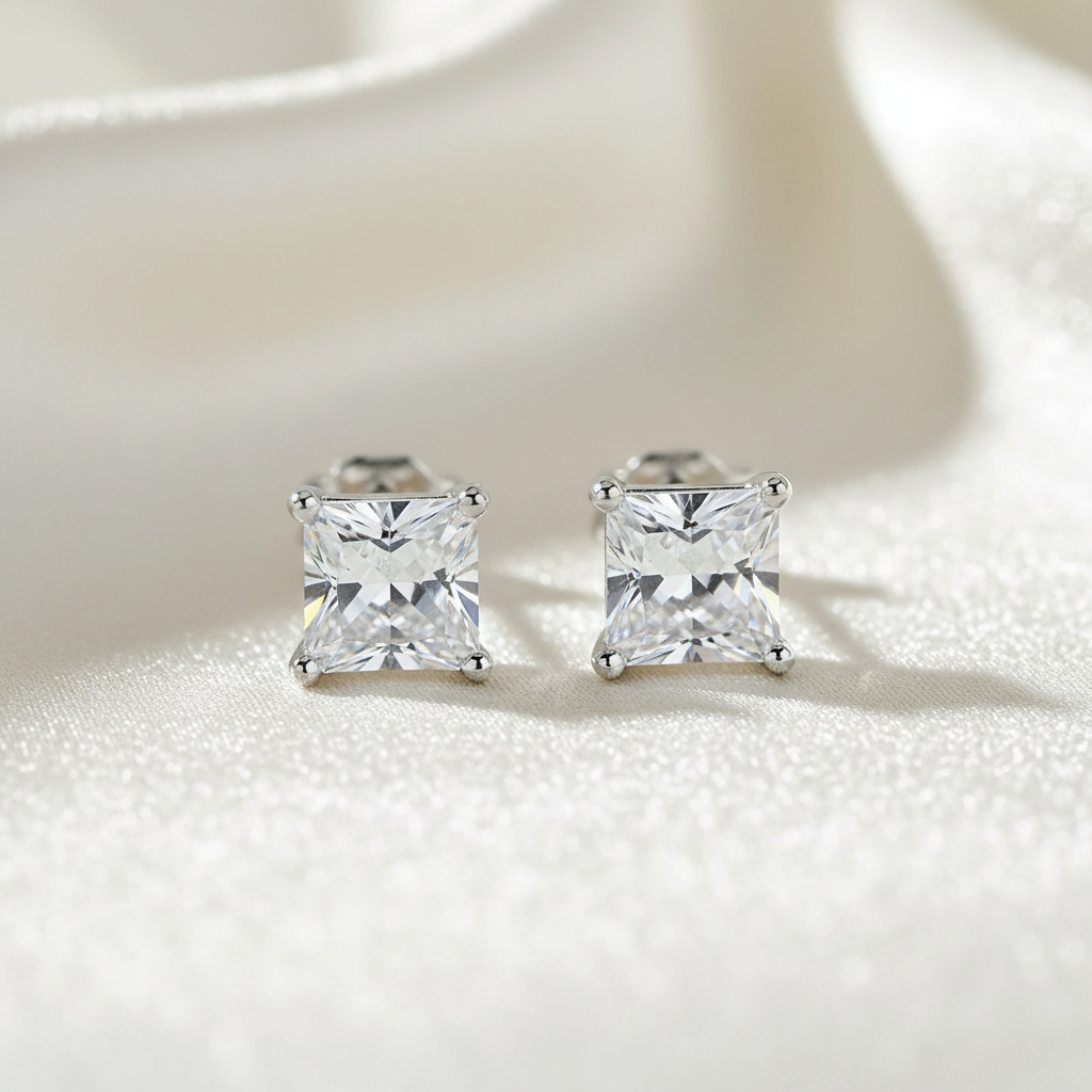 Pair of silver square-cut stud earrings on a light background