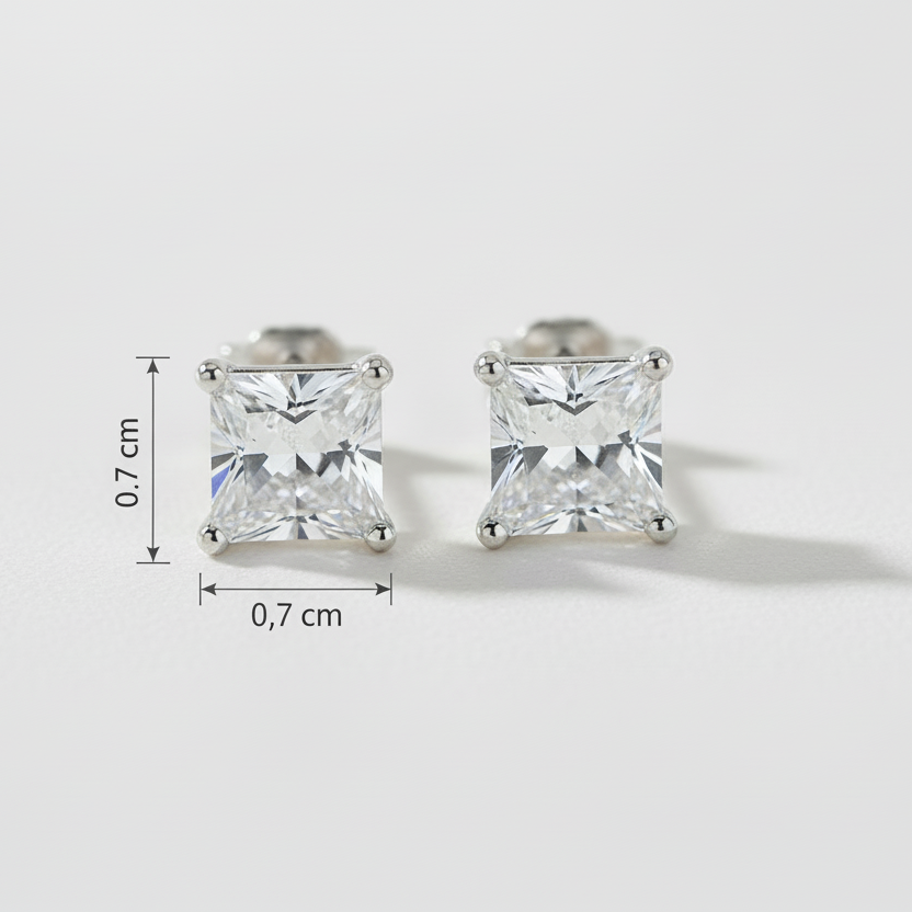 Pair of square-cut stud earrings with size measurement on a light gray background