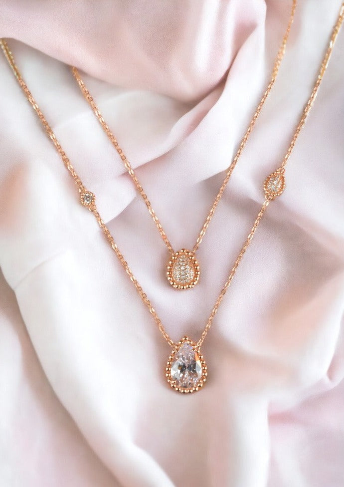 925 Sterling Rose Gold Double Layered Drop Necklace