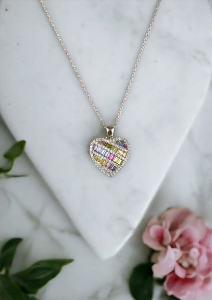 925 Sterling Silver Rainbow Heart Necklace