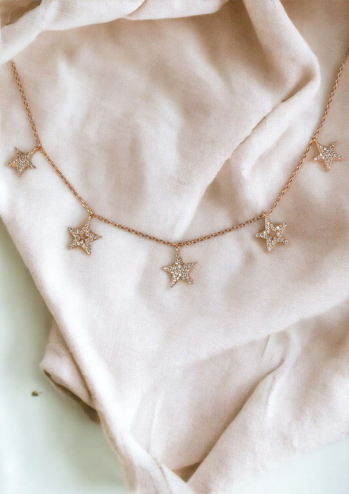 925 Sterling Silver Rose Gold Five Star Necklace