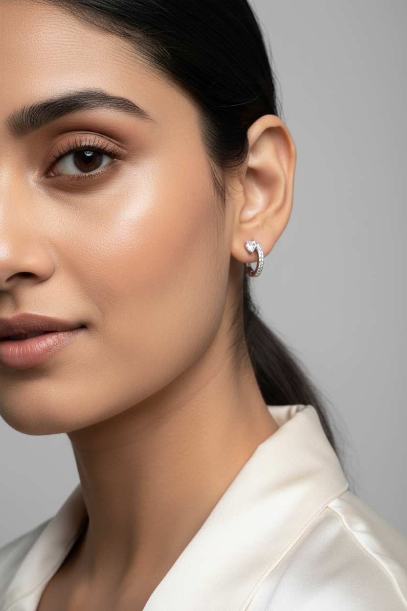 A close-up of a person's ear wearing a small silver huggie hoop earring adorned with clear stones.