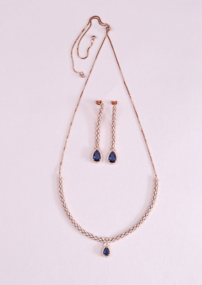 925 Sterling Silver Rose Gold Sapphire Blue Necklace with Danglers