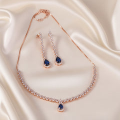 925 Sterling Silver Rose Gold Sapphire Blue Necklace Set