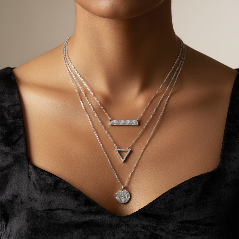 925 Sterling Triple layered TriGeo Necklace