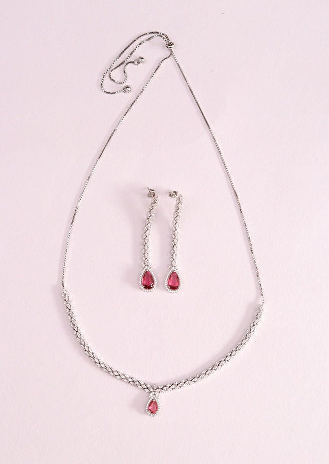 925 Sterling Silver Ruby Red Necklace with Danglers