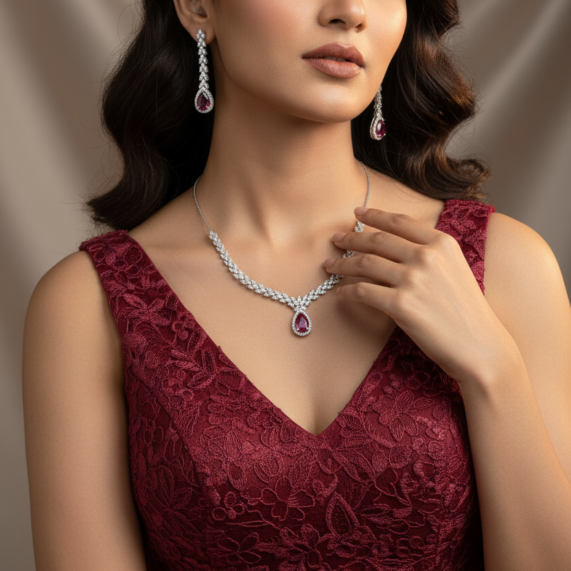 925 Sterling Silver Ruby Red Necklace Set