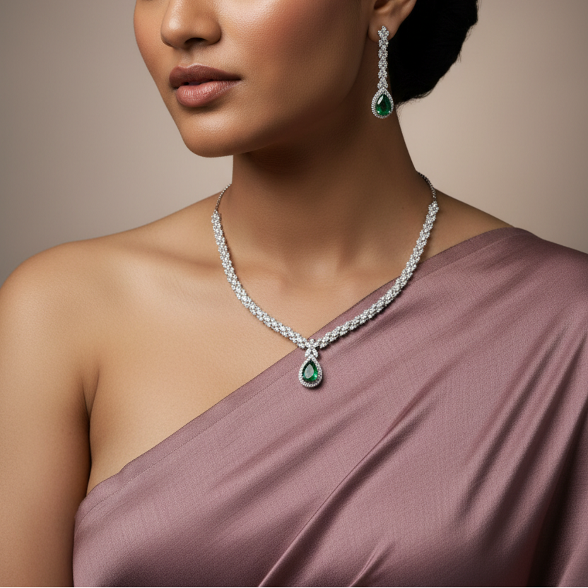 925 Sterling Silver Emerald Green Necklace Set