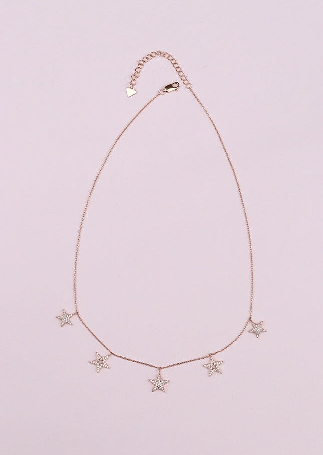 925 Sterling Silver Rose Gold Five Star Necklace