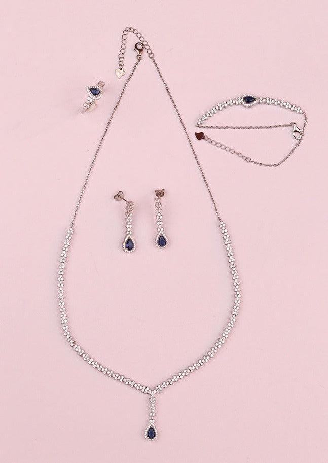 925 Sterling Silver Sapphire Blue Necklace set with Bracelet and Ring