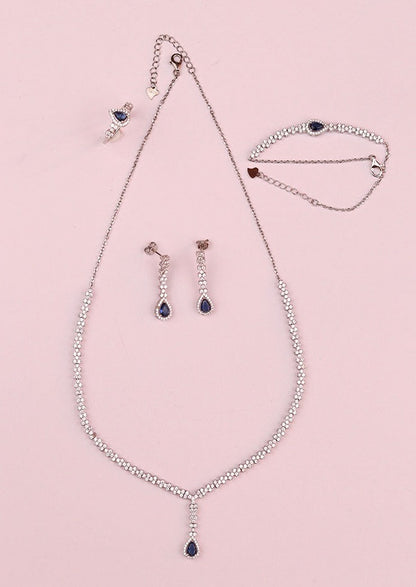 925 Sterling Silver Sapphire Blue Necklace set with Bracelet and Ring