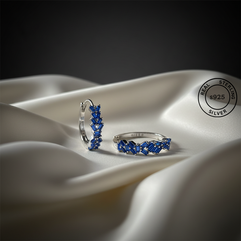 925 Sterling Silver Sapphire Blue Blush Sparkle Hoops