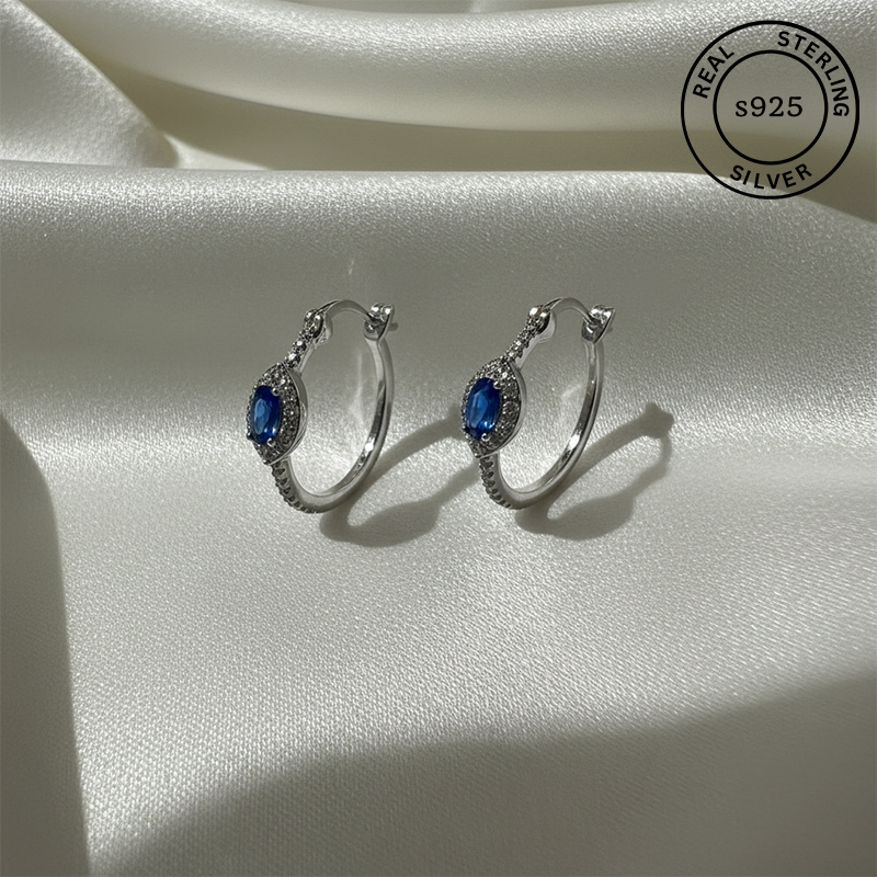 925 Sterling Silver Midnight Sapphire Blue Hoop Earrings