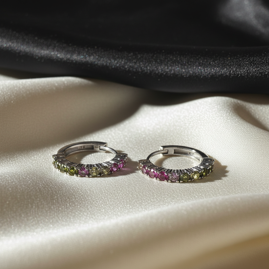 Pair of silver hoop earrings with colorful gemstones on a white fabric background