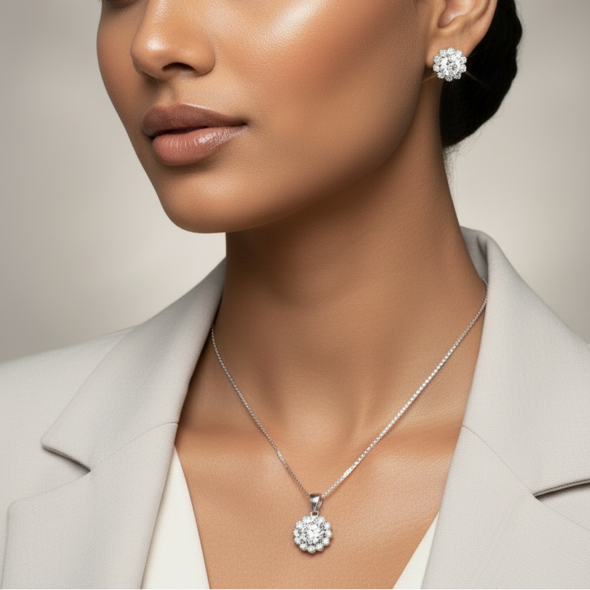 Silver Floral Solitaire Pendant Set