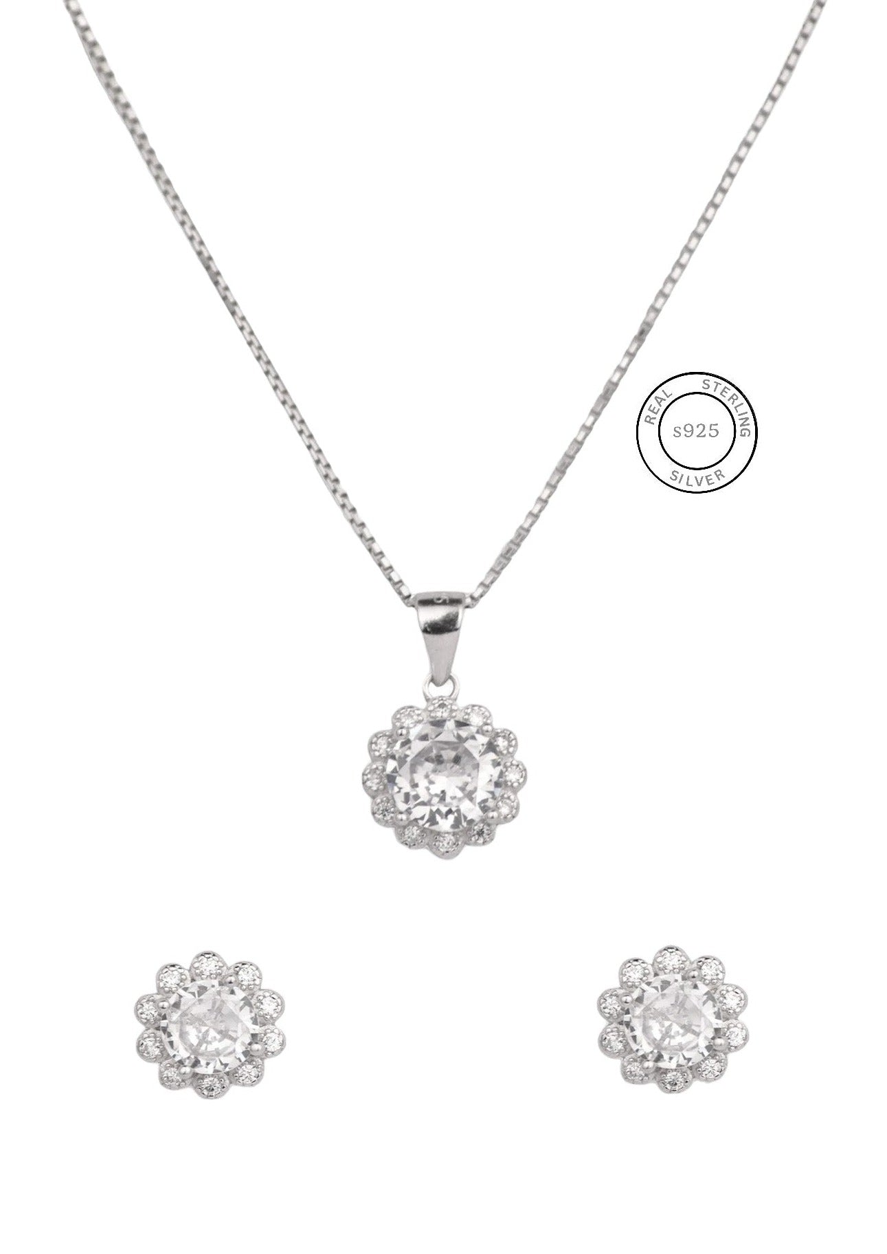 Silver Floral Solitaire Pendant Set