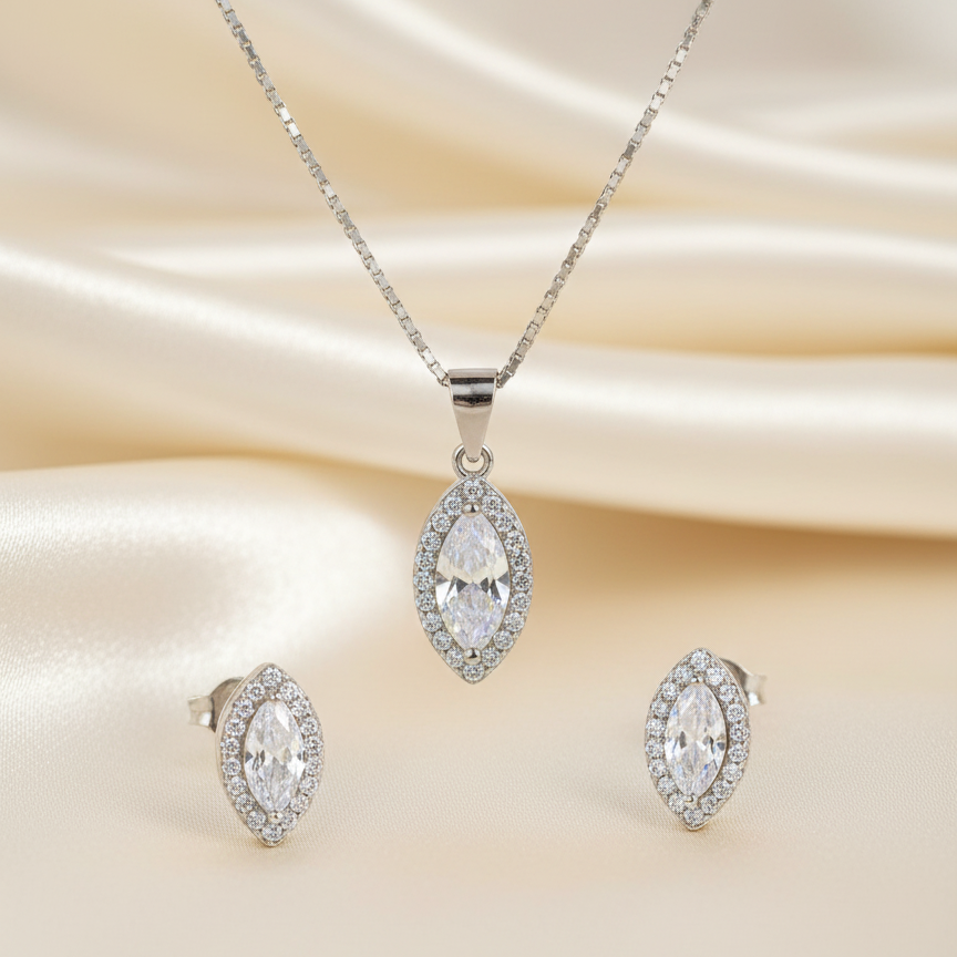 Silver Sleek Solitaire Pendant Set