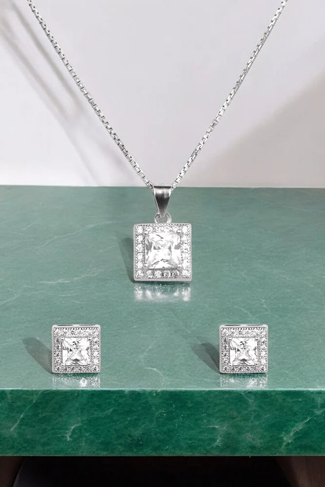 Silver Square Solitaire Pendant Set