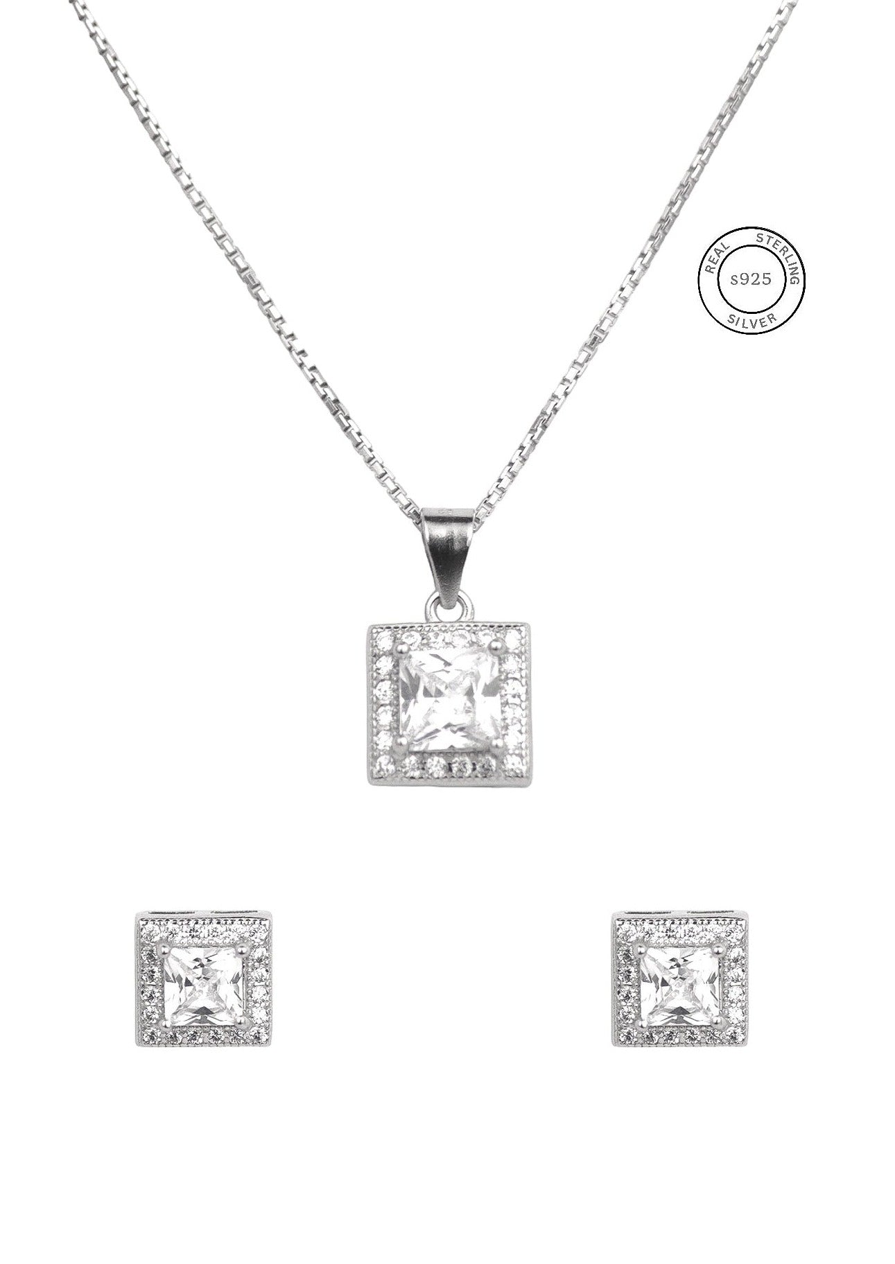 Silver Square Solitaire Pendant Set