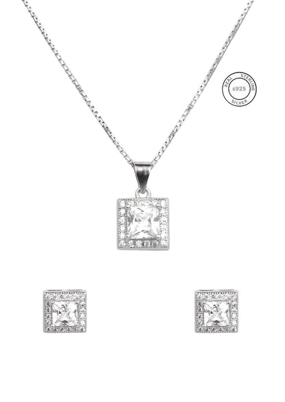 Silver Square Solitaire Pendant Set