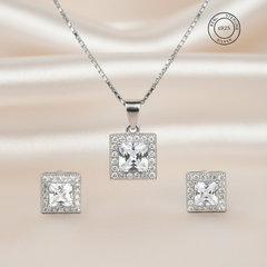 Silver Square Solitaire Pendant Set