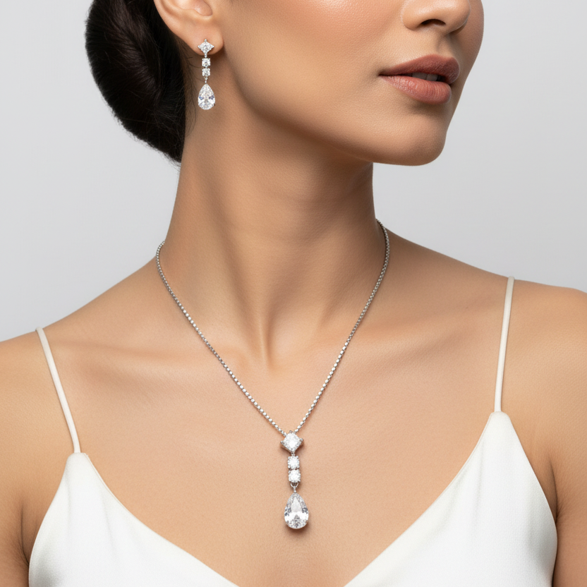 Silver Solitaire Drop Pendant Set
