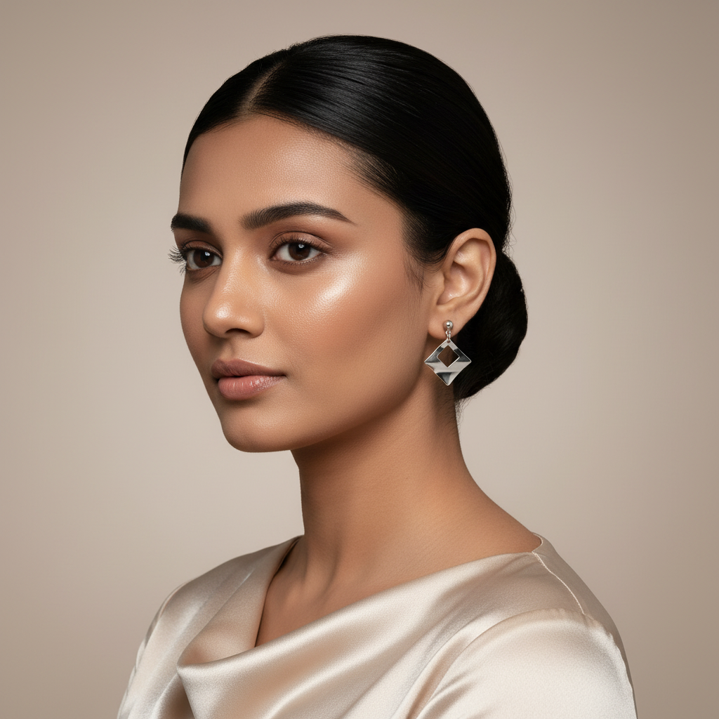 Woman wearing Silver Rhombus Radiance Danglers