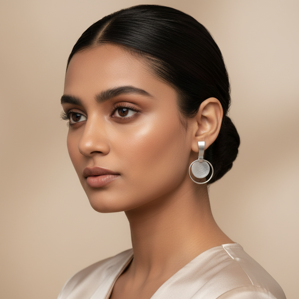 Woman wearing Silver Moonlight Chandbali Danglers