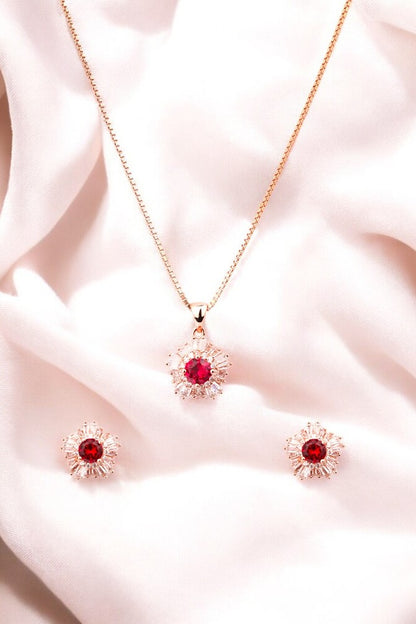 Rosegold Red Blossom Pendant Set